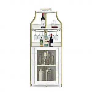 Corner Wine Bar Rack Cabinet with Detachable Wine Rack, Bar Cabinet with Glass Holder and Mesh Door, Liquor Coffe Bar Cabinet with Adjustable Shelves, ‎Gold