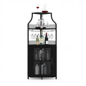 Corner Wine Bar Rack Cabinet with Detachable Wine Rack, Bar Cabinet with Glass Holder and Mesh Door, Liquor Coffe Bar Cabinet with Adjustable Shelves, ‎Black