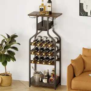 Rustic Brown Metal Wine Rack Console Table, Freestanding Floor Bottles Organizer & Display Shelf,Durable Metal Freestanding Wine Storage Cabinet Shelf ,for Bar Kitchen Dining ( Rustic Brown)