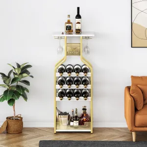 Metal Wine Rack Wine Bottle Holders Stands Freestanding Floor, Wine Storage Organizer Display Rack Table Wine Glass Rack for Bar Kitchen Dining Living Room, Small Spaces (Gold)