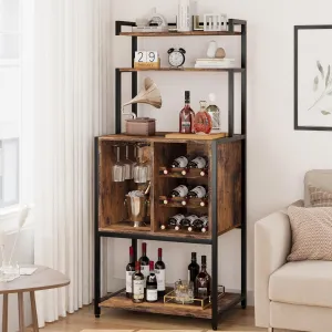 5-Tier Wine Baker Rack with Glass Holder & Storage, Metal Organizer Shelf, Industrial Wine Display, Rustic Brown