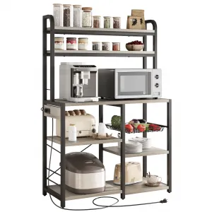 Bakers Rack with Power Outlet, Coffee Bar with Wire Drawer, Microwave Stand, Kitchen Buffet Table with Large Storage, 6-Tier Kitchen Storage Rack with Hutch for Dining, Living Room, Grey