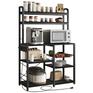Bakers Rack with Power Outlet, Coffee Bar with Wire Drawer, Microwave Stand, Kitchen Buffet Table with Large Storage, 6-Tier Kitchen Storage Rack with Hutch for Dining, Living Room, Black