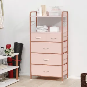 5 Drawers Dresser for Bedroom, Dressers & Chests of Drawers for Hallway, Entryway, Storage Organizer Unit with Fabric, Sturdy Metal Frame, Wood Tabletop, Easy Pull Handle, Pink