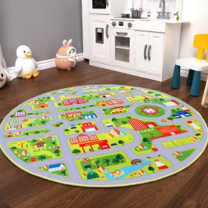 Kid 4-Round Grey Street Play Carpet City Traffic Road Rug Low Pile Non Slip Fun Carpet for Kids Baby Learning Exercise Mat Educational Car Rug for Toddler Boy Bedroom Playroom
