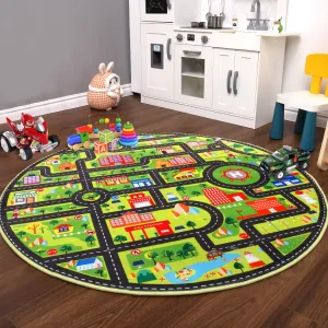 Kids Carpet 4-Round Kids Rug,Playroom Car Rug Play Mat,City Life Road Rug for Cars,Fun City Map for Track Toys,Carpet for Bedroom Boys