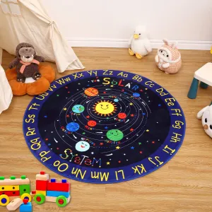 Kids 4'-Round Area Rug Galaxy Outer Space Solar System Educational Learning Carpet Non Slip Soft Crawling Play Mat for Kids Bedroom Nursery Playroom Classroom
