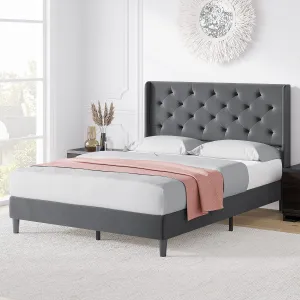 Full Size Upholstered Bed Frame with Wingback, Diamond Tufted Headboard, Wooden Slats, Easy Assembly, Noise-Free, Dark Gray