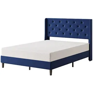 Full Size Bed Frame with Wingback, Upholstered Platform, Diamond Tufted Headboard, Wooden Slats, Easy Assembly, Noise-Free, No Box Spring, Dark Blue