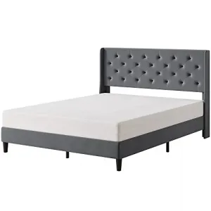 Queen Button Tufted Platform Bed Frame + Velvet Upholstered + Wingback Headboard + Strong Wooden Slats + Noise-Free + Plastic Foot Plugs + Dark Grey, Queen + Bedroom
