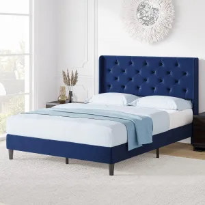 Queen Bed Frame with Button Tufted Headboard, Fabric Upholstered Platform Queen Size Bed Frame with Headboard (Dark Blue Pull Point)
