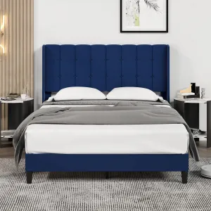 Full Bed Frame with Tufted Wingback Headboard, Velvet Upholstery, Strong Wood Slat Support, Easy Assembly, Dark Blue