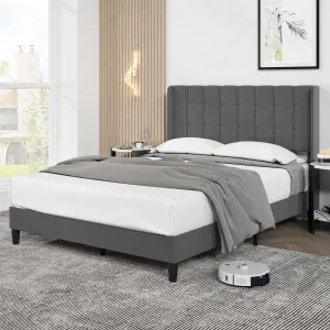 Queen Size Upholstered Platform Bed Frame with Button Tufted Headboard, Wooden Slats, Noise-Free, Easy Assembly, Dark Grey