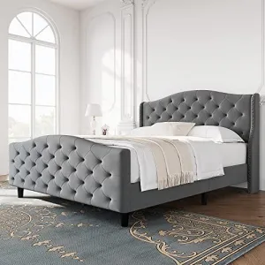 Tufted Upholstered Platform Bed Frame with Headboard and Footboard, Raised Wing Back Headboard, Mattress Foundation and Wood Slat Support, No Box Spring Needed(Queen, Grey)