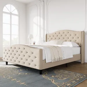 Queen Bed Frame with Headboard and Footboard, Velvet Upholstered Queen Size Bed Frame with Button Tufted Wingback Headboard, Wooden Slat Support, No Box Spring Needed, Beige