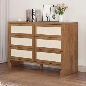 Dresser for Bedroom with 6 Drawers, Burlap Design Wood Drawer Dresser Chest of Drawers for Closet, Living Room, Hallway, Nursery, Kids Bedroom