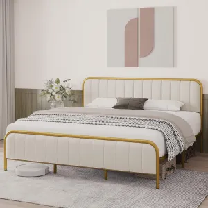 Full Size Bed Frame, Gold Metal Frame with Headboard and Footboard, Under Bed Storage Space and, Heavy Duty, Noise Free Design, No Box Spring Needed, Beige