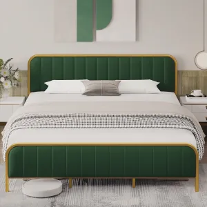 Full Size Velvet Upholstered Bed Frame with Headboard, Gold Frame, Wooden Slats, No Box Spring Needed, Green and Gold, Modern Design, Underneath Storage, Easy Assembly