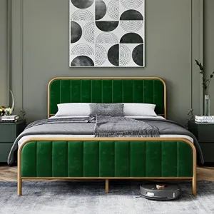 Queen Bed Frame Modern Upholstered Platform with Velvet Headboard and Gold Frame, Wooden Slat Support No Box Spring Needed in Gold and Green