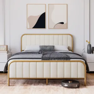 Queen Size Velvet Upholstered Bed Frame with Button Tufted Headboard, Gold Metal Frame, Wooden Slats, No Box Spring Needed