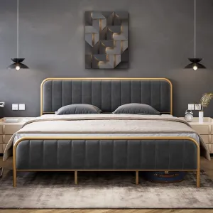 King Size Bed Frame with Gold Metal Frame, Velvet Tufted Headboard, Wood Slats, Noise-Free Design, 10.2” Under Bed Storage, Easy Assembly, Grey