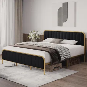 Full Size Velvet Platform Bed Frame + Modern Design + Heavy Duty Mattress Foundation + Wood Slats + Noise Free + Tufted Headboard + Bedroom in Black