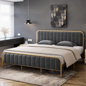 Full Size Modern Velvet Tufted Platform Bed Frame + Heavy Duty Mattress Foundation + Wood Slats + Gold Metal Frame + Noise Free Design + No Box Spring Needed + Bedroom in Grey
