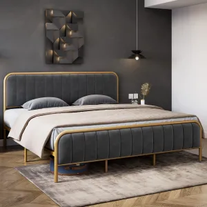 Queen Gold Platform Bed Frame + Velvet Tufted Upholstered Headboard + 10.2” Under Bed Storage + Durable Metal Mattress Foundation + Wood Slats Support + No Box Spring Needed + Grey