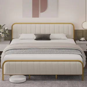 King Size Bed Frame, Gold Metal Frame with Headboard and Footboard, Under Bed Storage Space and, Heavy Duty, Noise Free Design, No Box Spring Needed