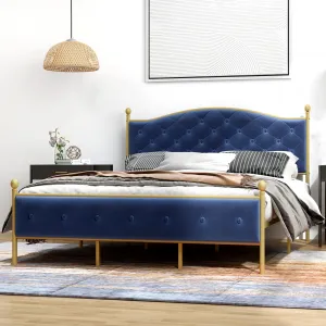 King Size Velvet Upholstered Bed Frame + Noise Free Design + No Box Spring Needed + Wooden Slats + Gold and Navy Blue + Storage Space + Easy Assembly