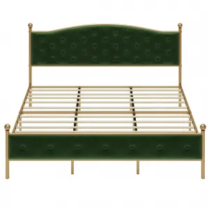 King Size Upholstered Bed Frame with Velvet Headboard, Button Tufted, Heavy Duty Metal, Wooden Slats, No Box Spring, Storage Space, Noise-Free Design