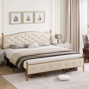 King Size Upholstered Platform Bed with Velvet Button Tufted Headboard, Metal Frame, Wooden Slats, No Box Spring Needed, Gold and Off White, 800lbs Capacity, Noise-Free, Easy Assembly