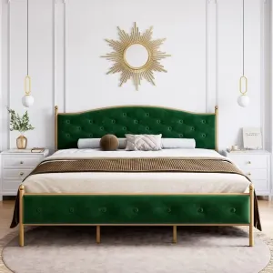 Queen Upholstered Platform Bed Frame with Velvet Tufted Headboard, Heavy Duty Metal and Wood Slats, Noise-Free, Storage Space, Easy Assembly, No Box Spring Needed, Ideal for Bedroom