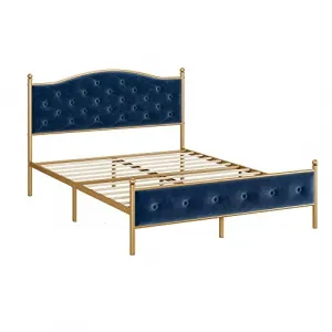 Full Size Upholstered Button Tufted Platform Bed Frame + Velvet Fabric + Heavy Duty Mattress Foundation + Metal Frame + Wood Slats + Blue + Modern Design + Ample Storage Space