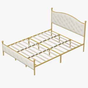 Full Size Velvet Upholstered Bed Frame with Button Tufted Headboard, Solid Wood Slats, Noise-Free, 11.8" Storage, Gold/Off White