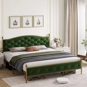 Full Size Bed Frame with Headboard, Velvet Upholstered Platform Bed, Strdy Metal Bed Frame, No Box Spring Needed, Green