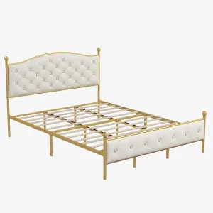 Queen Size Upholstered Platform Bed + Velvet Button Tufted Headboard + Heavy Duty Metal + Wood Slats + Gold and Off White + Bedroom