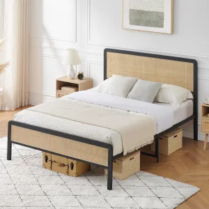 Queen Size Metal Bed Frame with Rattan Headboard and Footboard, Platform Bed Frame with Safe Rounded Corners, Under Bed Storage, Strong Metal Slat Support, No Box Spring Needed