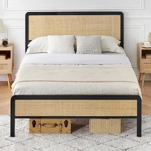 Full Size Metal Bed Frame with Rattan Headboard and Footboard, Platform Bed Frame with Safe Rounded Corners, Under Bed Storage, Strong Metal Slat Support, No Box Spring Needed