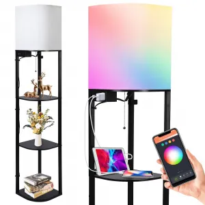 Floor lamp with Shelves, Smart RGB Shelf Floor Lamp with 2 USB Ports & 1 Power Outlet, Display for Bedroom, Living Room and Office - Black
