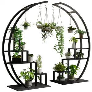 5-Tier Curved Metal Plant Stand with 6 Hooks, Elegant Black Balcony & Indoor Flower Pot Display Rack for Plants & Garden Decor