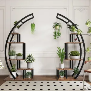 5-Tier Half Moon Indoor Plant Stand - Metal Flower Shelf with Hanging Hooks for Indoor Gardening & Home Decor