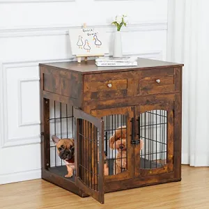 Dog Crate Furniture with Cushion,Wooden Dog Kennels Indoor with 2 Drawers,Dog Furniture Crate End Table with Storage