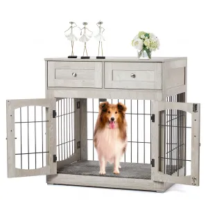 Dog Crate Furniture with 3 Doors, 39.4'' Large 2 Drawer & Cushion, Wooden House Kennel for Medium/Large Dog, Dog Table Up to 130 lbs, Indoor End House, Grey