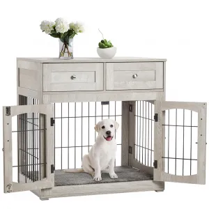 Dog Crate Furniture with Cushion,Wooden Dog Crate Table with 2 Drawers, 3-Doors Dog Furniture, Indoor Dog Kennel House Side End Table, Grey