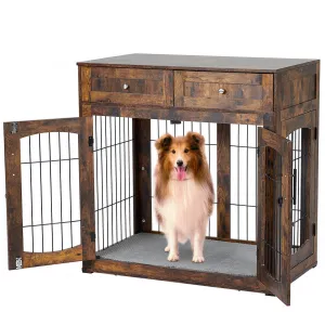 Dog Crate Furniture with Cushion, Wooden Dog Crate Table with 2 Drawers, Indoor 3-Doors Dog Kennel Furniture, Dog Cage Side End Table, Brown 39.4" L