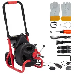 100Ft x 3/8 Inch Drain Cleaner Machine, Auto-feed Electric Drain Auger Professional 6.8A, Air-Activated Foot Switch, with 6 Cutters, Glove, Drain Auger Cleaner Sewer Snake