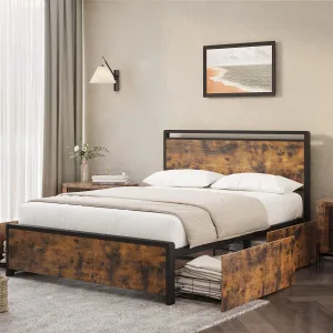 Full Bed Frame with 4 Storage Drawers,Metal Platform Bed with Large Storage Space No Box Spring Needed Noise Free Rustic Brown (Full)