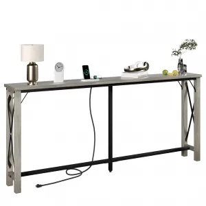 Narrow Long Sofa Table with Charging Station, Power Outlets & USB Ports, 73.2" Farmhouse Console Table, Entryway Table for Living Room, Hallway, Foyer-Grey
