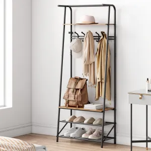 Multifunctional Coat Rack Shoe Bench with 5 Hooks + Wood Look + Metal Frame + Top Shelf + C-shaped Hooks + Sturdy Frame + Entryway Organizer